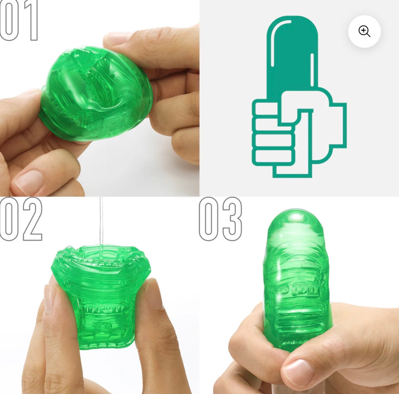 Step-by-step use of a green textured silicone sleeve for personal wellness