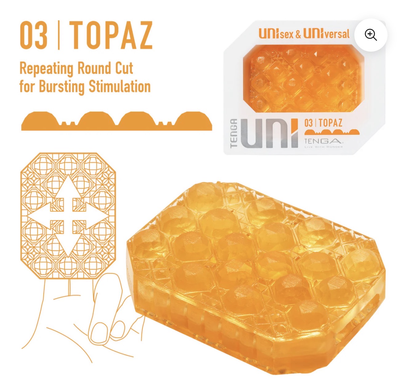 Orange textured unisex massage tool with repeating round cut design for stimulation, labeled Topaz.