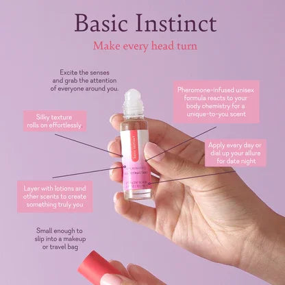Hand holding a pheromone-infused unisex roll-on perfume with pink label on a purple background, featuring product benefits for skin care and personal scent.