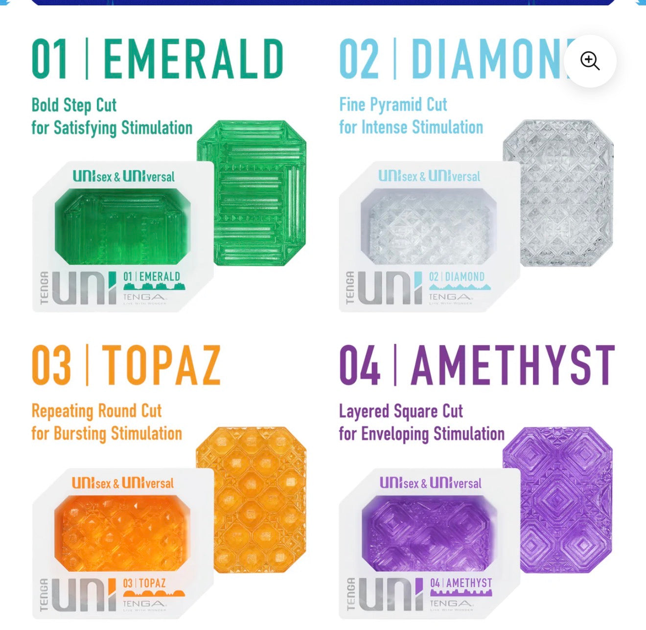 Set of four textured unisex massage gel bars in emerald green, diamond clear, topaz orange, and amethyst purple.