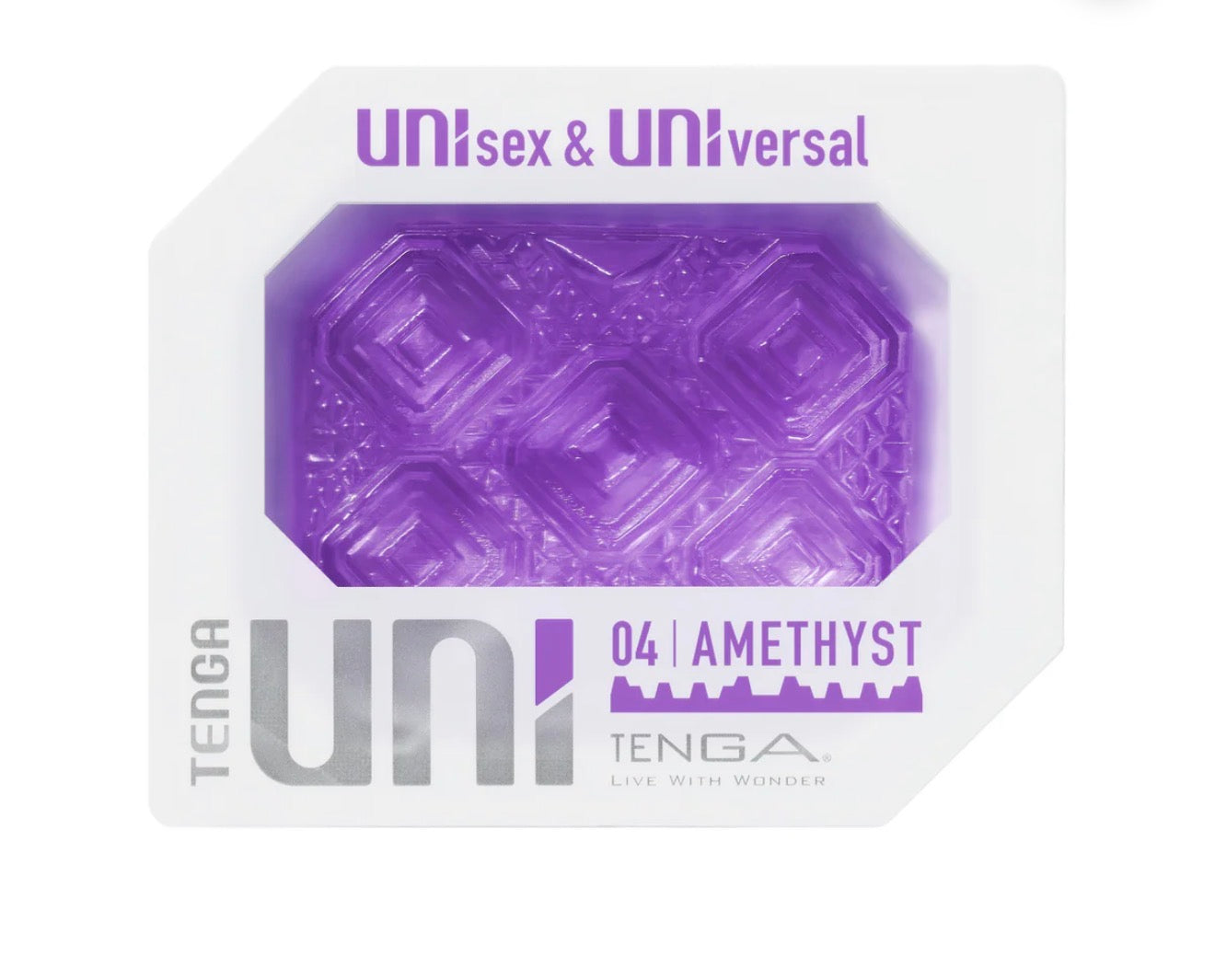 Purple Tenga UNI 04 Amethyst unisex textured personal wellness product in clear packaging