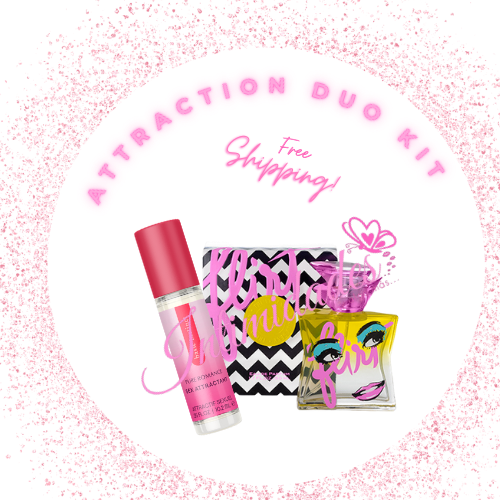 Attraction Duo Kit with two colorful skincare and fragrance products, chevron box, pink accents.