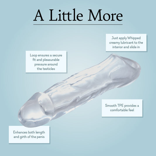Clear TPE penis sleeve with loop, enhances length and girth, comfortable fit for sexual wellness.