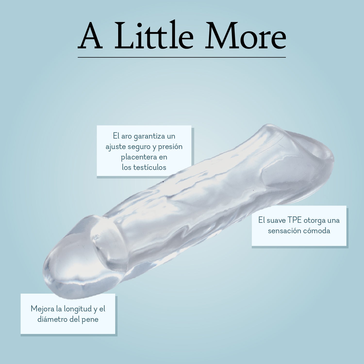 Clear penis sleeve extender with secure ring, designed to increase length and girth, soft TPE material.