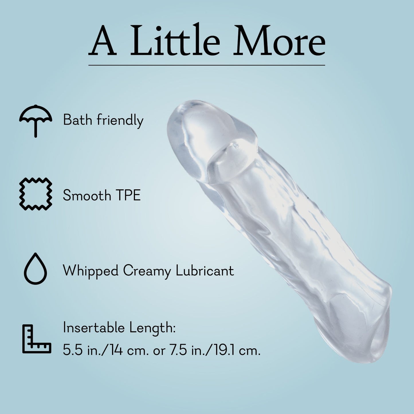 Transparent silicone adult toy with bath-friendly, smooth TPE, and lubricant features, insertable length info displayed.