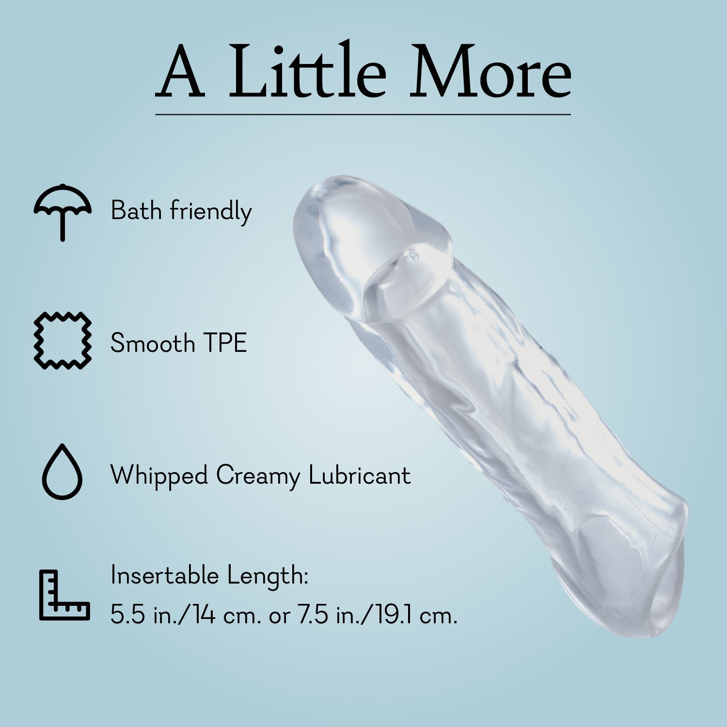 Transparent silicone adult toy with bath-friendly, smooth TPE, and lubricant features, insertable length info displayed.