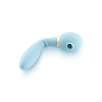 Light blue silicone personal massager with gold accent, textured design, isolated on white