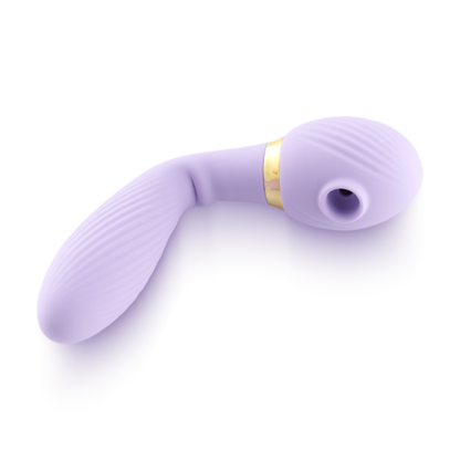 Purple silicone ergonomic adult wellness massager with gold accent on white background