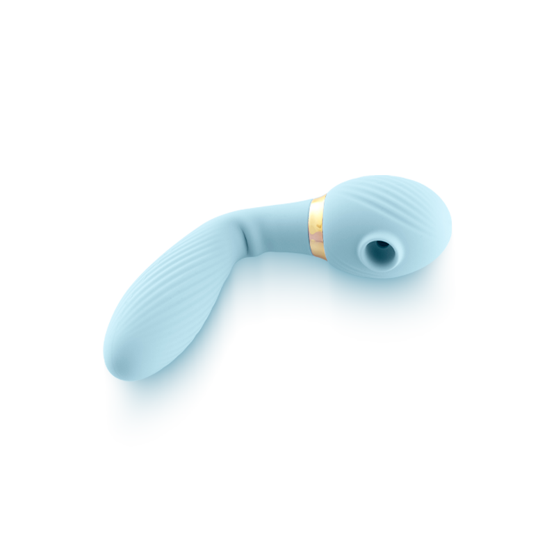 Light blue silicone wellness massager with ergonomic shape and gold accent, isolated on white