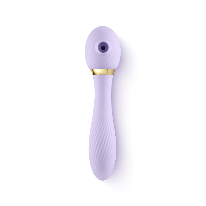 Purple silicone personal massager with gold accent on white background