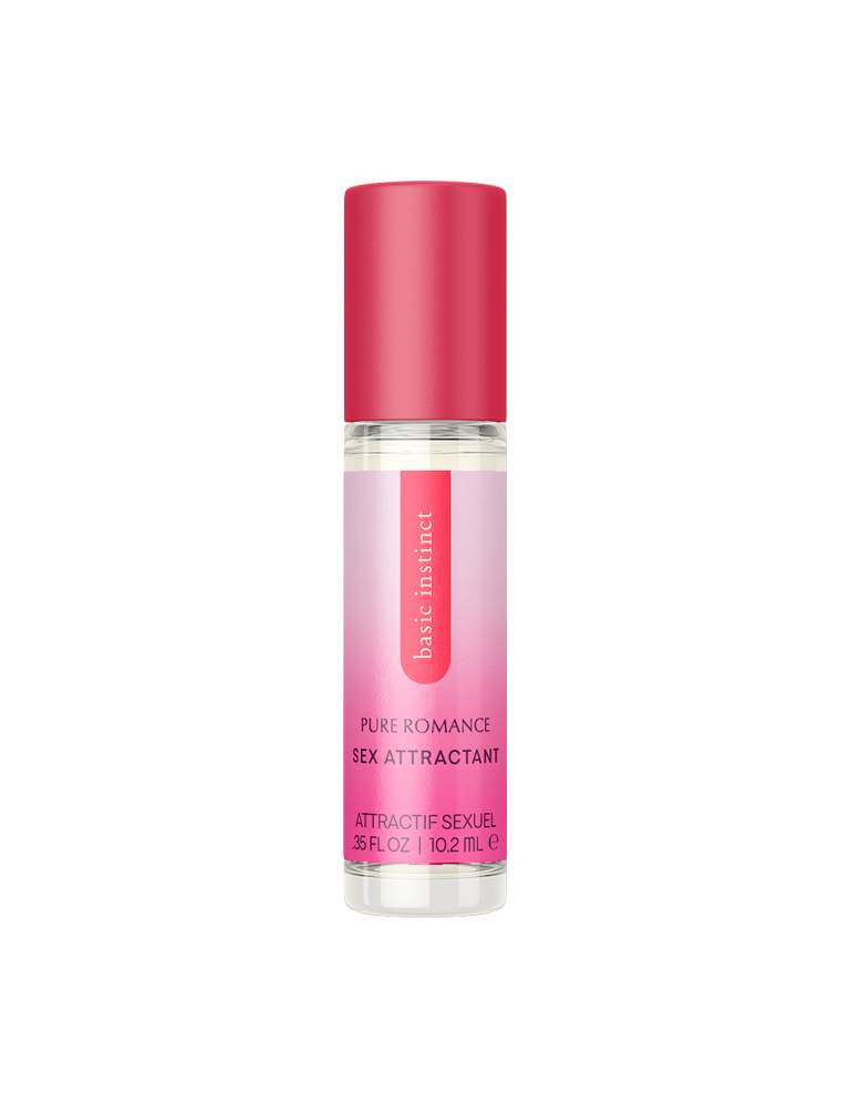 Pink bottle of Basic Instinct Pure Romance pheromone attractant for wellness and intimacy