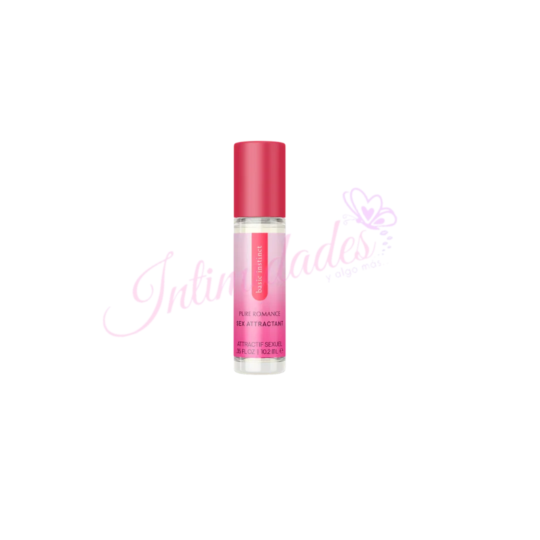 Pink bottle of Pure Romance attractant spray with red cap and Intimidades logo in background