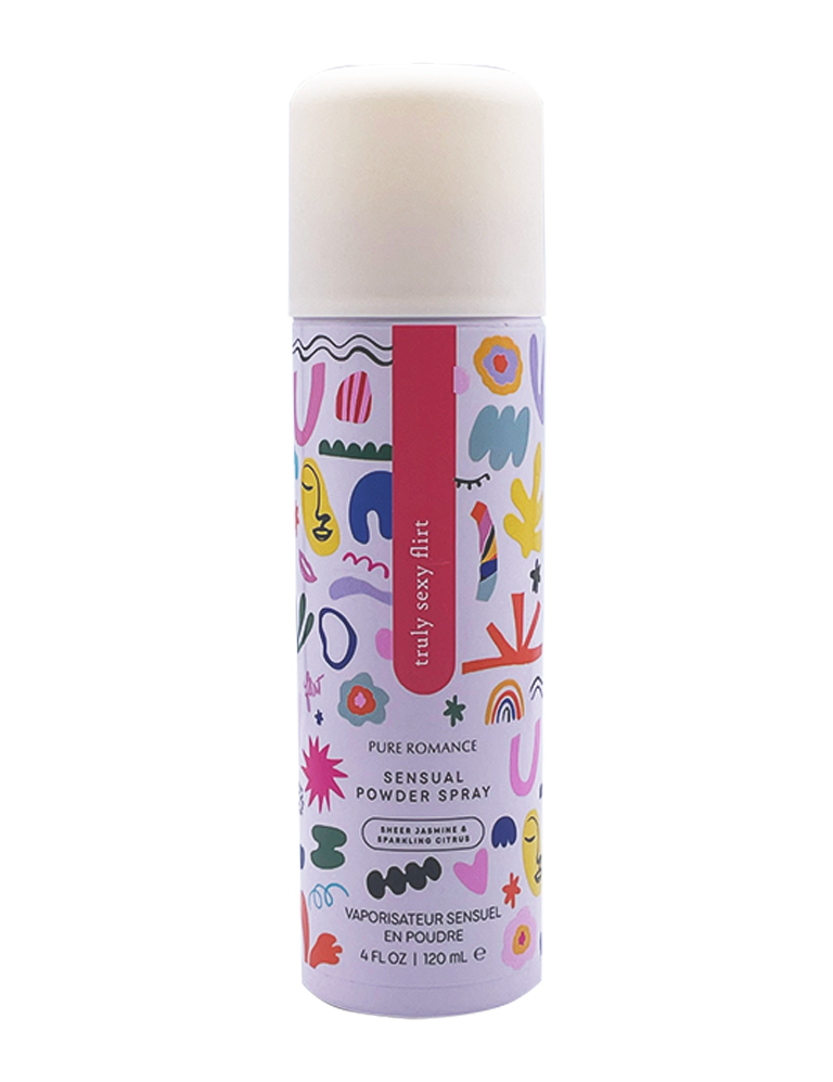 Sensual powder spray bottle with colorful abstract design, labeled sheer jasmine and sparkling citrus.