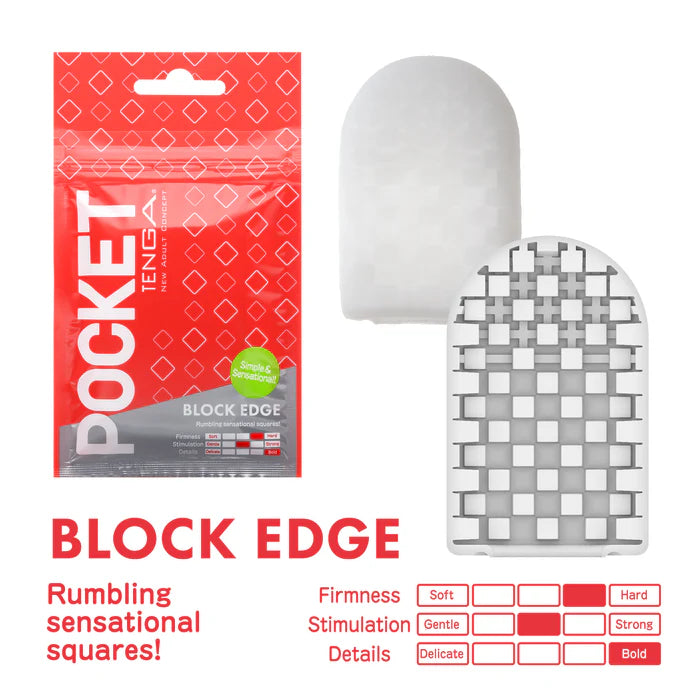 Pocket-size textured sleeve with block pattern in red packaging for personal wellness.