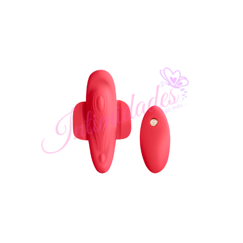 Pink wearable silicone personal massager with remote control on white background.