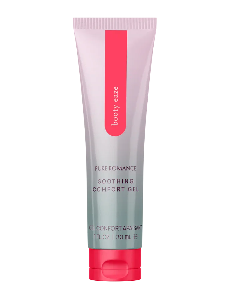 Tube of Pure Romance Booty Eaze soothing comfort gel, 1 fl oz, with pink cap and label.