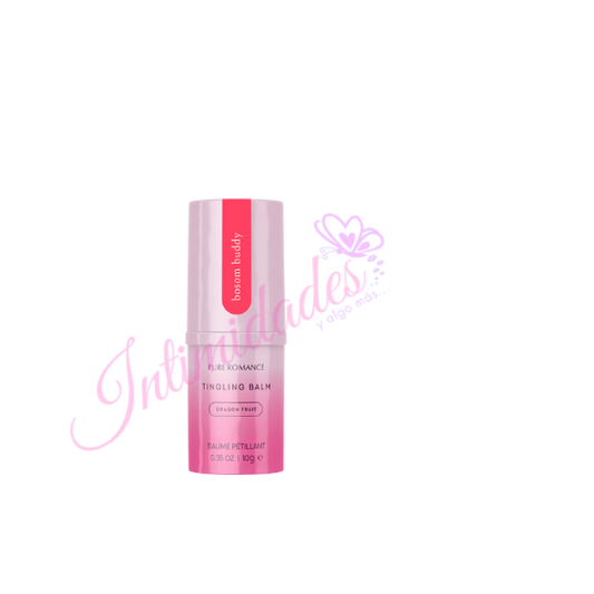 Pink tingling balm stick labeled dragon fruit, for skincare and wellness, on white background.