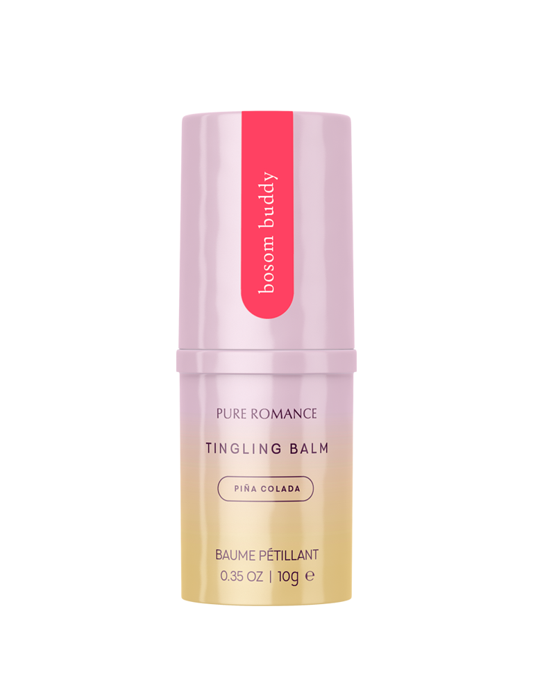 Pink and yellow Pure Romance tingling balm stick in Piña Colada, 10g size.