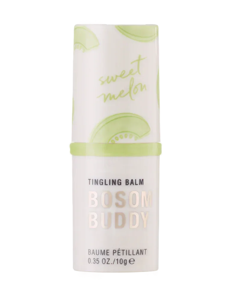 Tingling balm stick labeled Bosom Buddy sweet melon, 10g, with green melon illustrations.