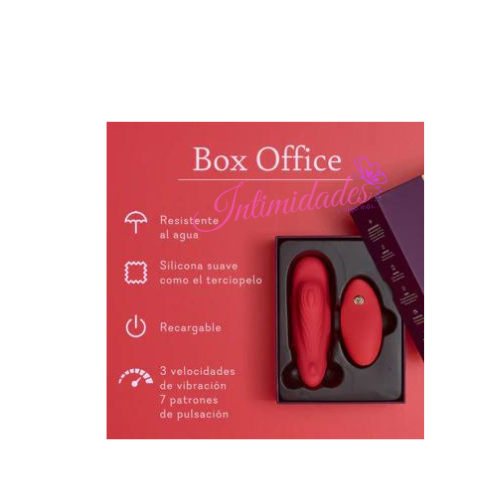 Red silicone waterproof personal massager set with remote, recharge box, vibration settings, on red background.