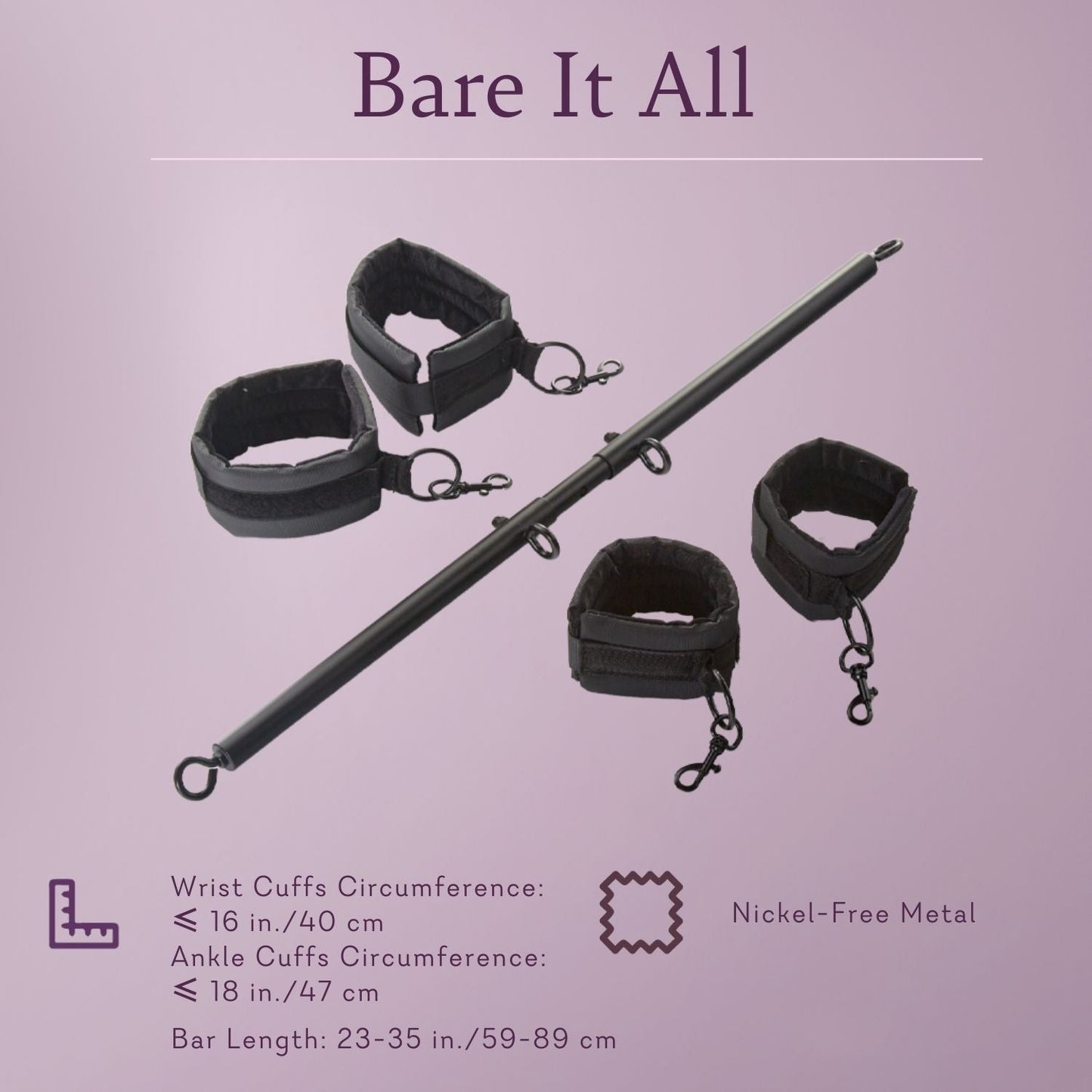 Black adjustable bar with four black padded wrist and ankle cuffs on a light purple background.
