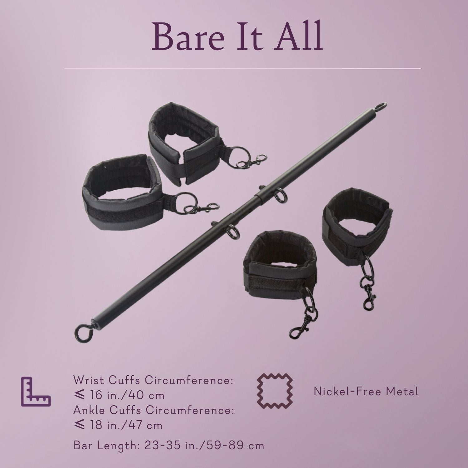 Black adjustable bar with four black padded wrist and ankle cuffs on a light purple background.