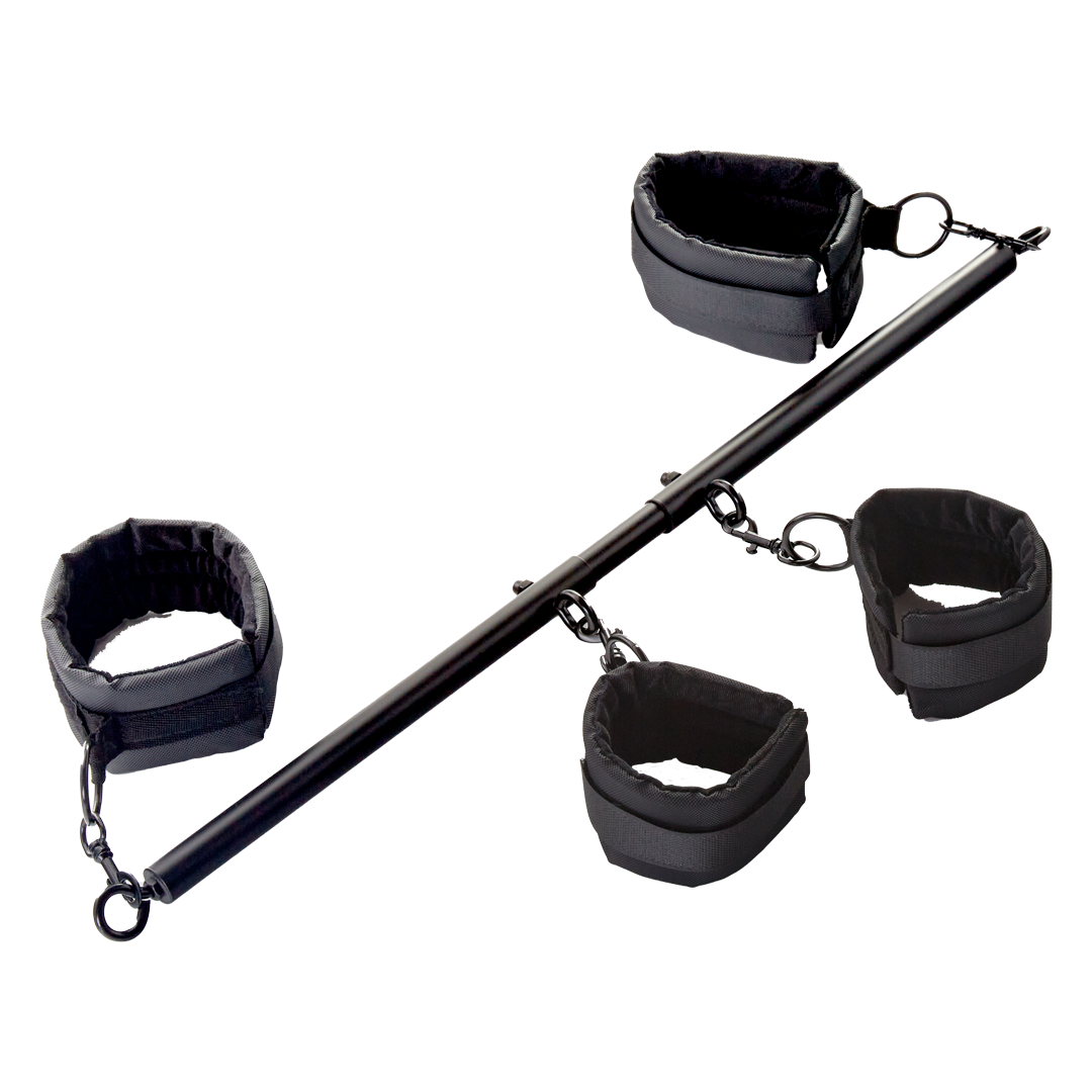 Adjustable black spreader bar with four padded restraints for adult intimacy