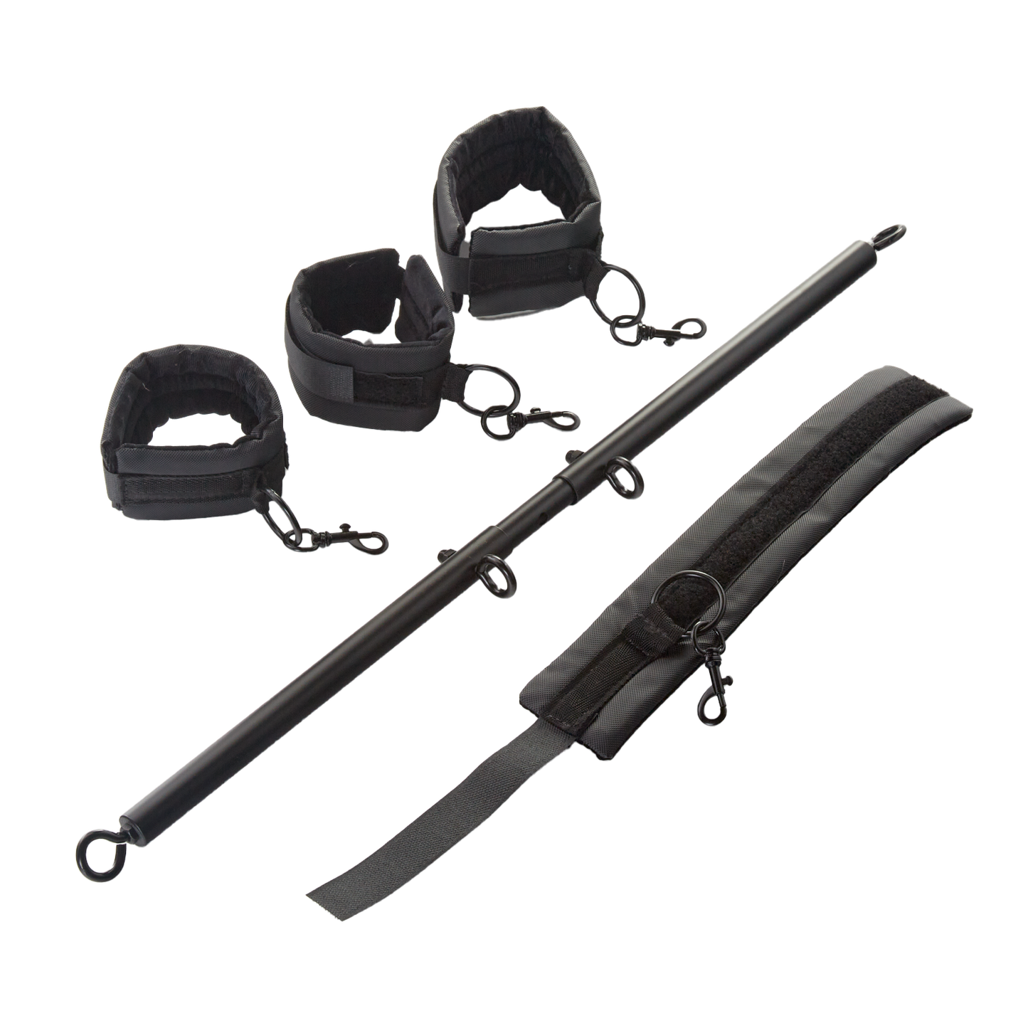 Adjustable black spreader bar with four padded restraints for couples intimacy.