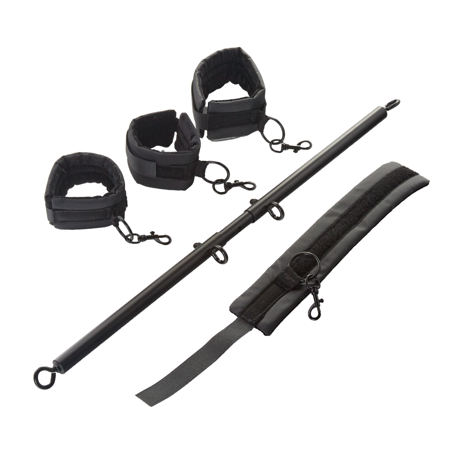 Adjustable black spreader bar with four padded restraints for couples intimacy.