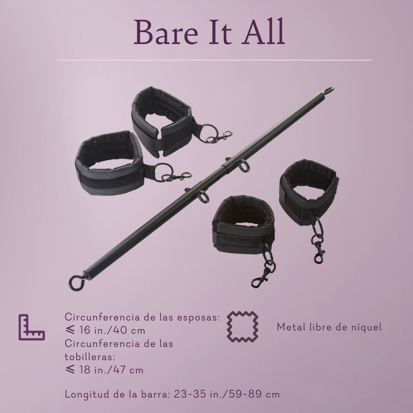 Adjustable black spreader bar set with four soft cuffs displayed on a light purple background.
