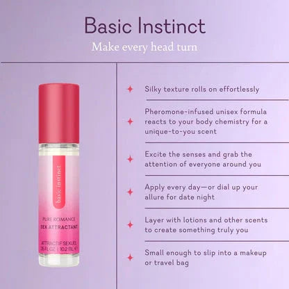 Basic Instinct pheromone unisex roll-on fragrance bottle with product features listed on purple background