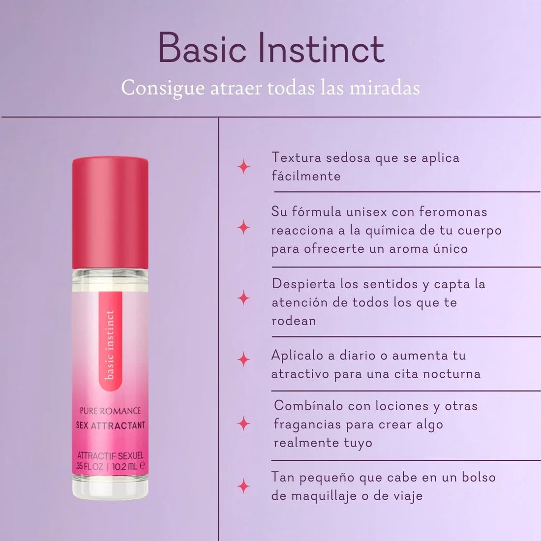 Basic Instinct pheromone perfume bottle with Spanish product features on purple background.