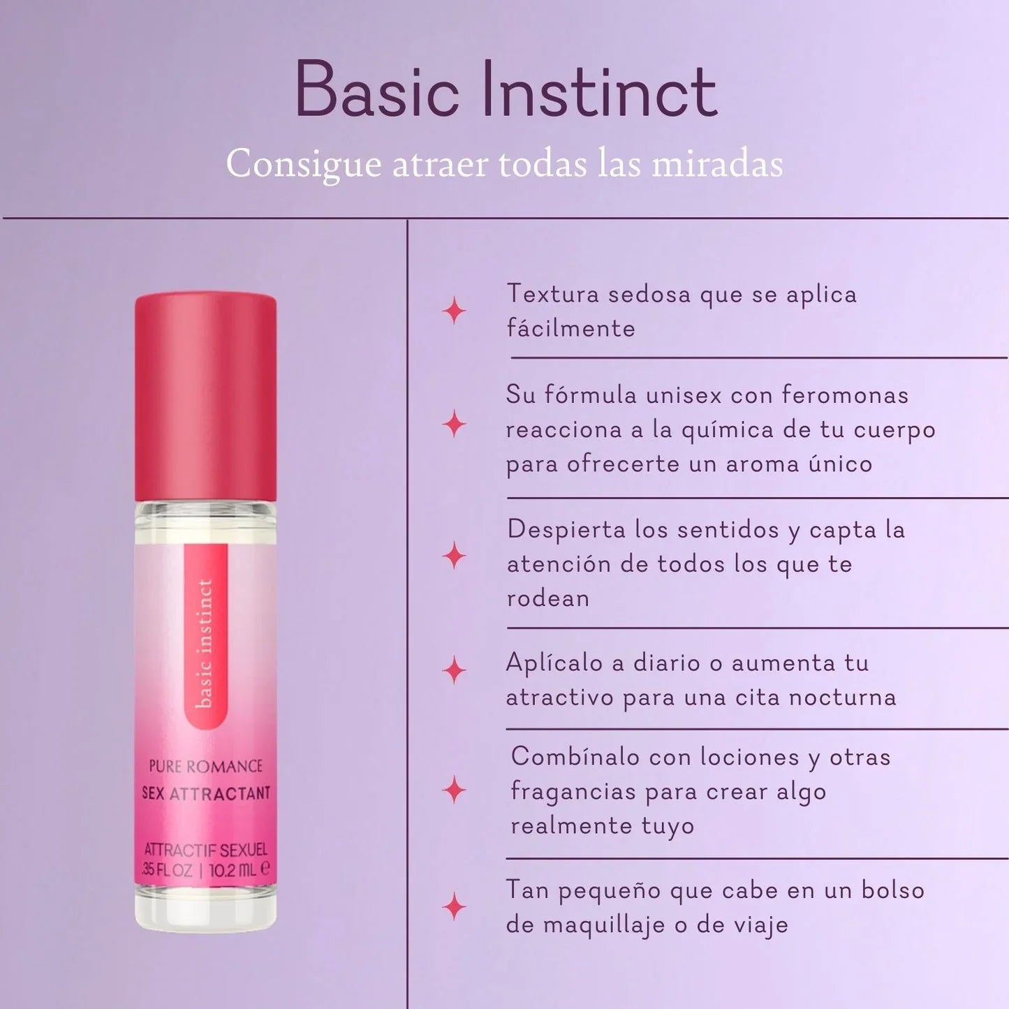 Pink Basic Instinct pheromone perfume bottle for attraction, unisex personal fragrance on lavender background.