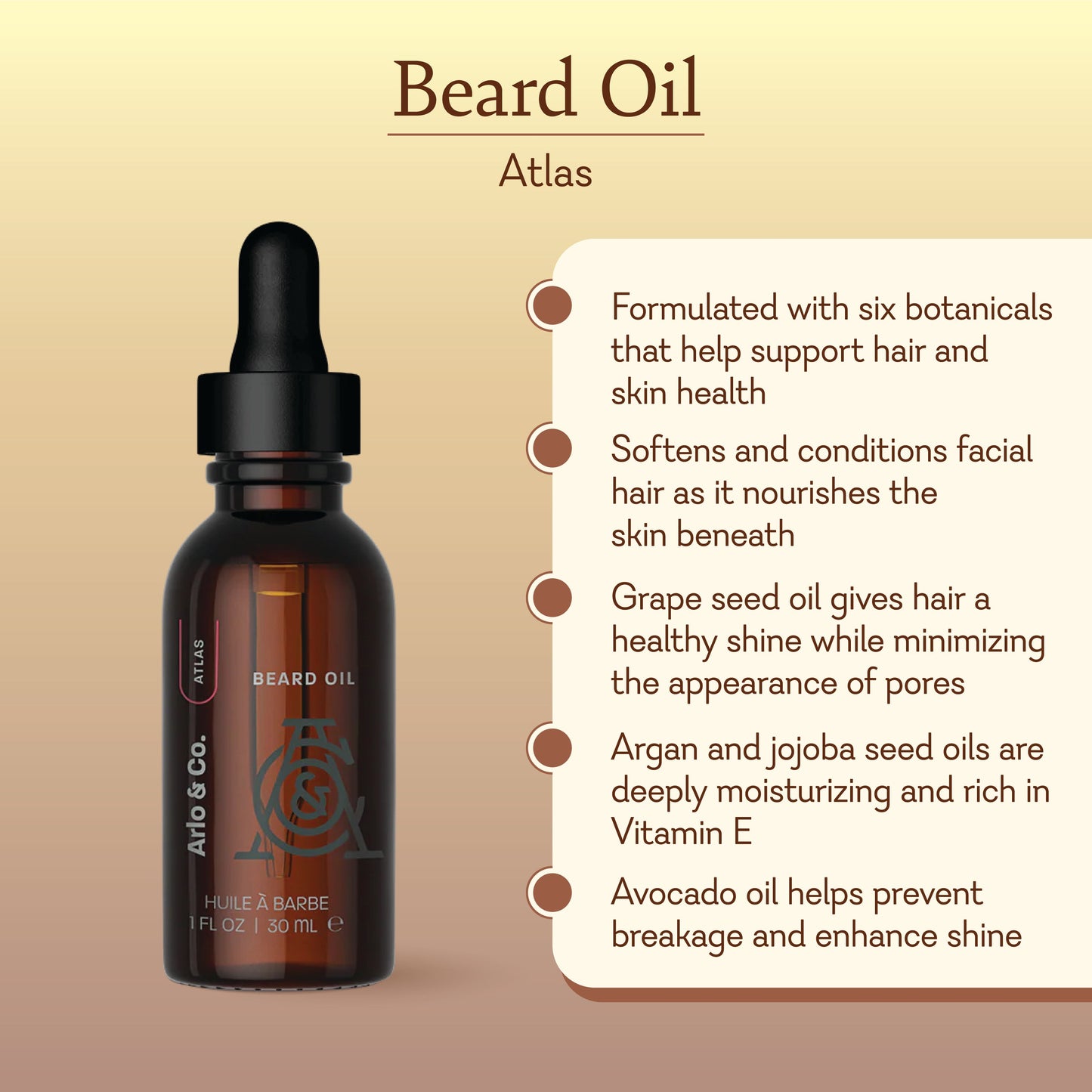 Atlas Beard Oil bottle with dropper, listed benefits, formulated with botanical oils for healthy facial hair