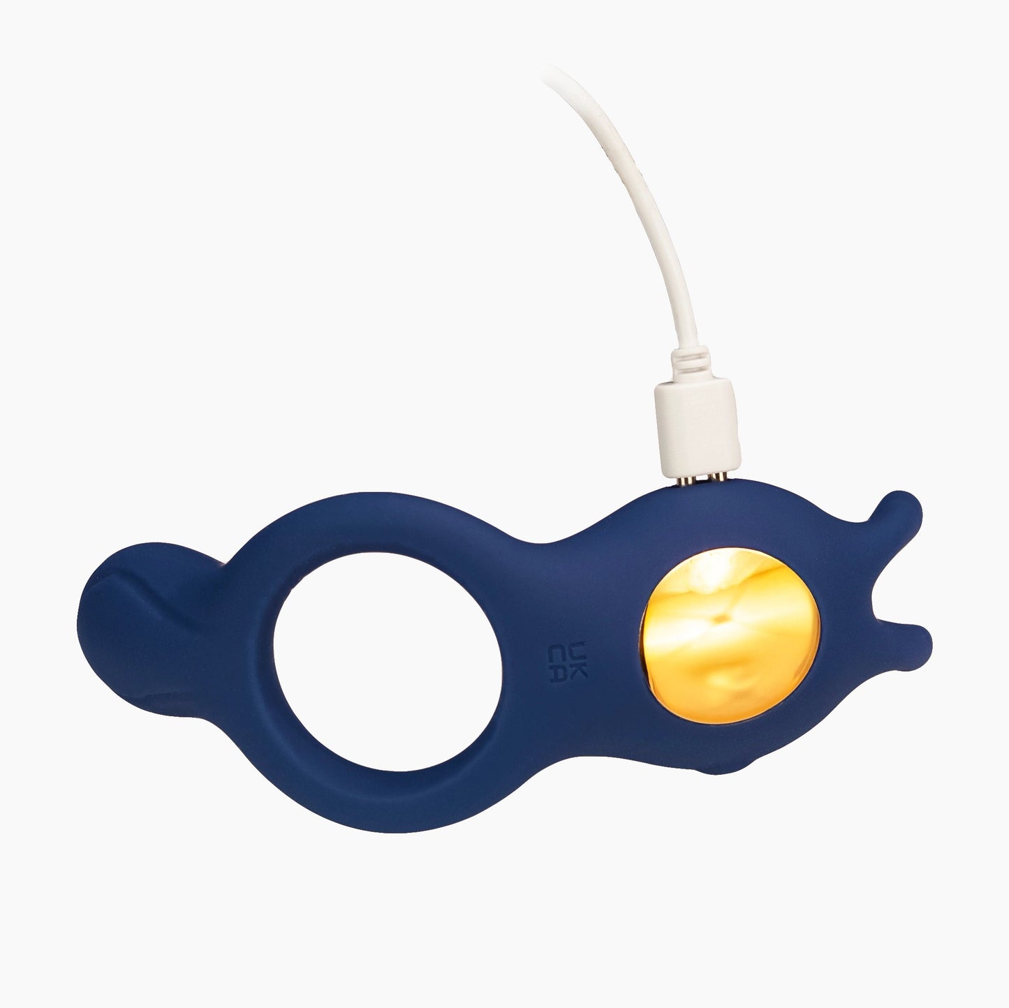 Rechargeable blue silicone vibrating ring for couples with charging cable connected