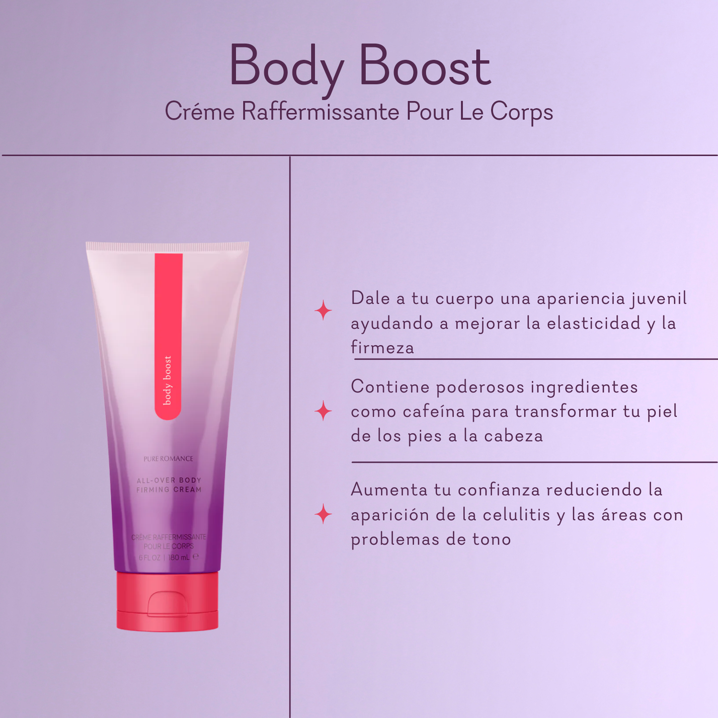 Body Boost firming body cream tube with product benefits for skin elasticity and tone on purple background