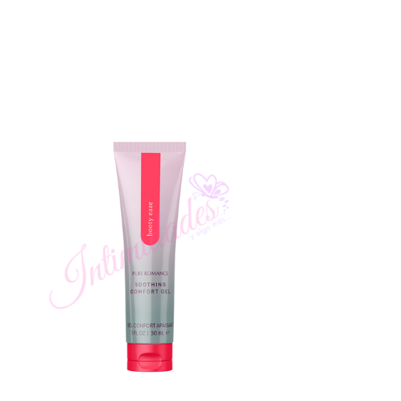 Tube of soothing comfort gel with pink and gray design, intimate wellness product