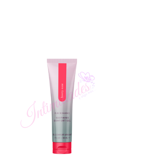 Tube of soothing comfort gel with pink and gray design, intimate wellness product