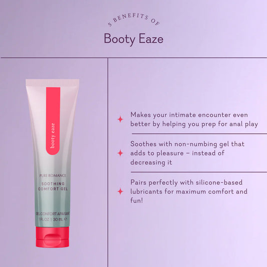 Booty Eaze soothing comfort gel tube on lavender background with benefits for intimate wellness listed.