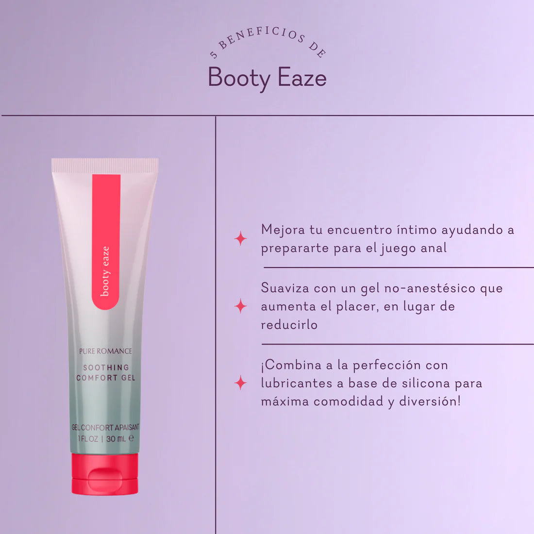 Tube of Booty Eaze soothing comfort gel with product benefits in Spanish on a purple background.