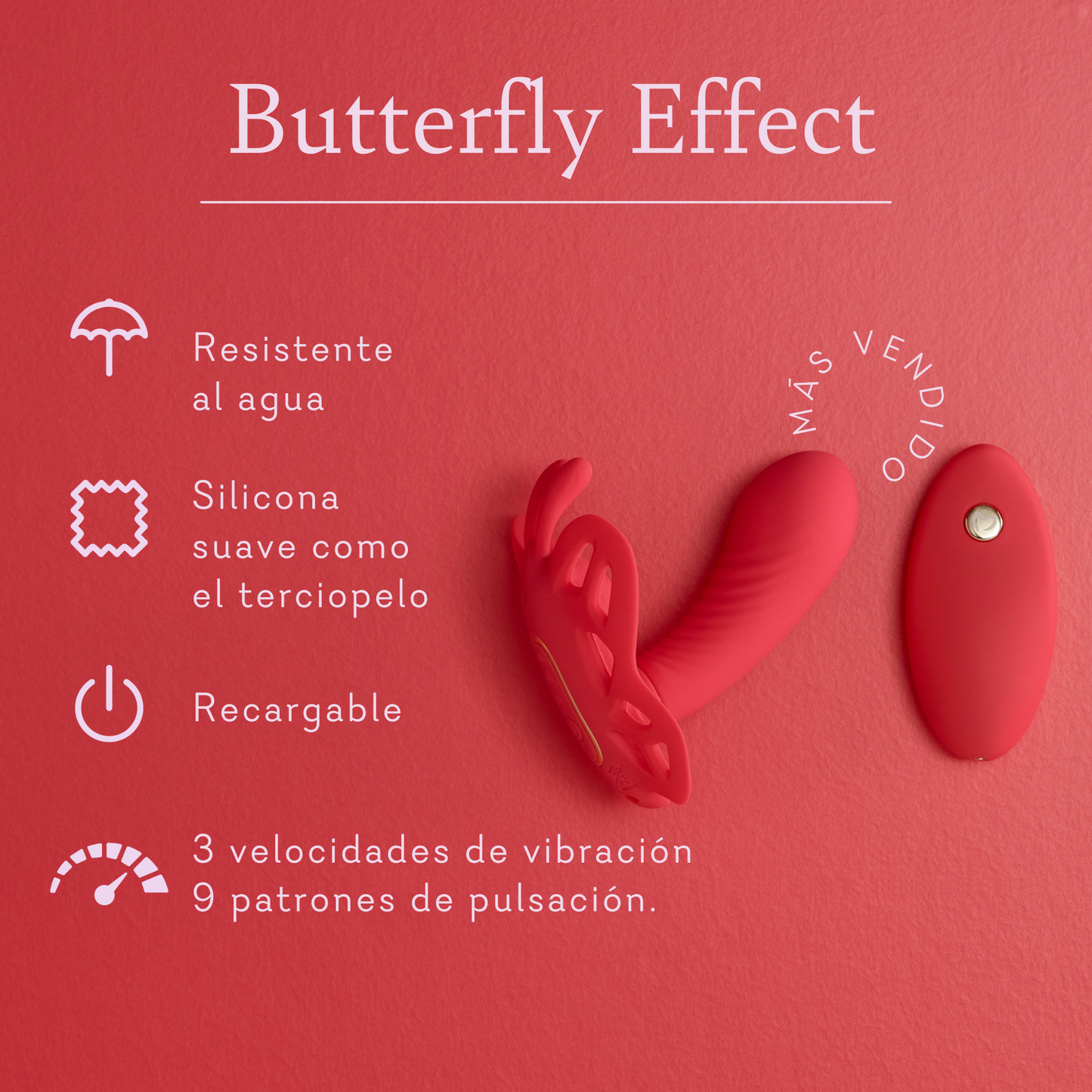 Red silicone butterfly-shaped vibrator with remote, waterproof, rechargeable, multi-speed.