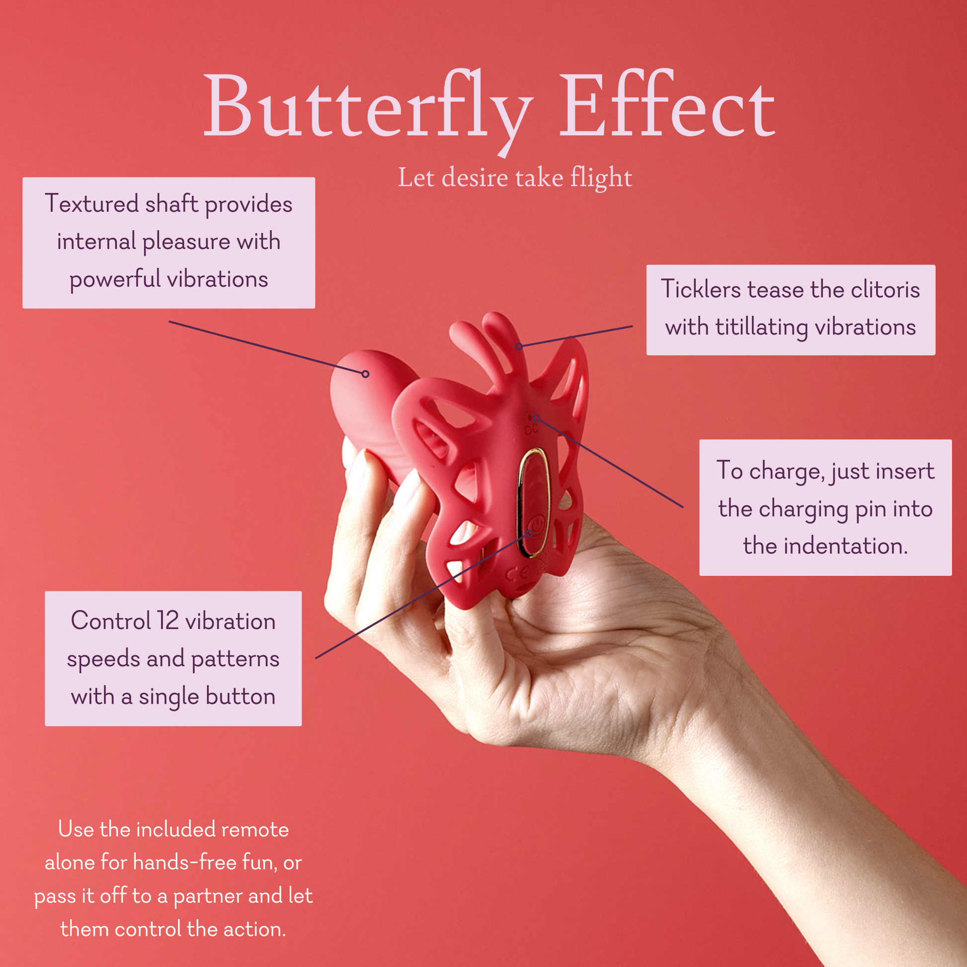 Hand holding red butterfly-shaped vibrator, highlighting textured shaft, ticklers, and 12 vibration modes.