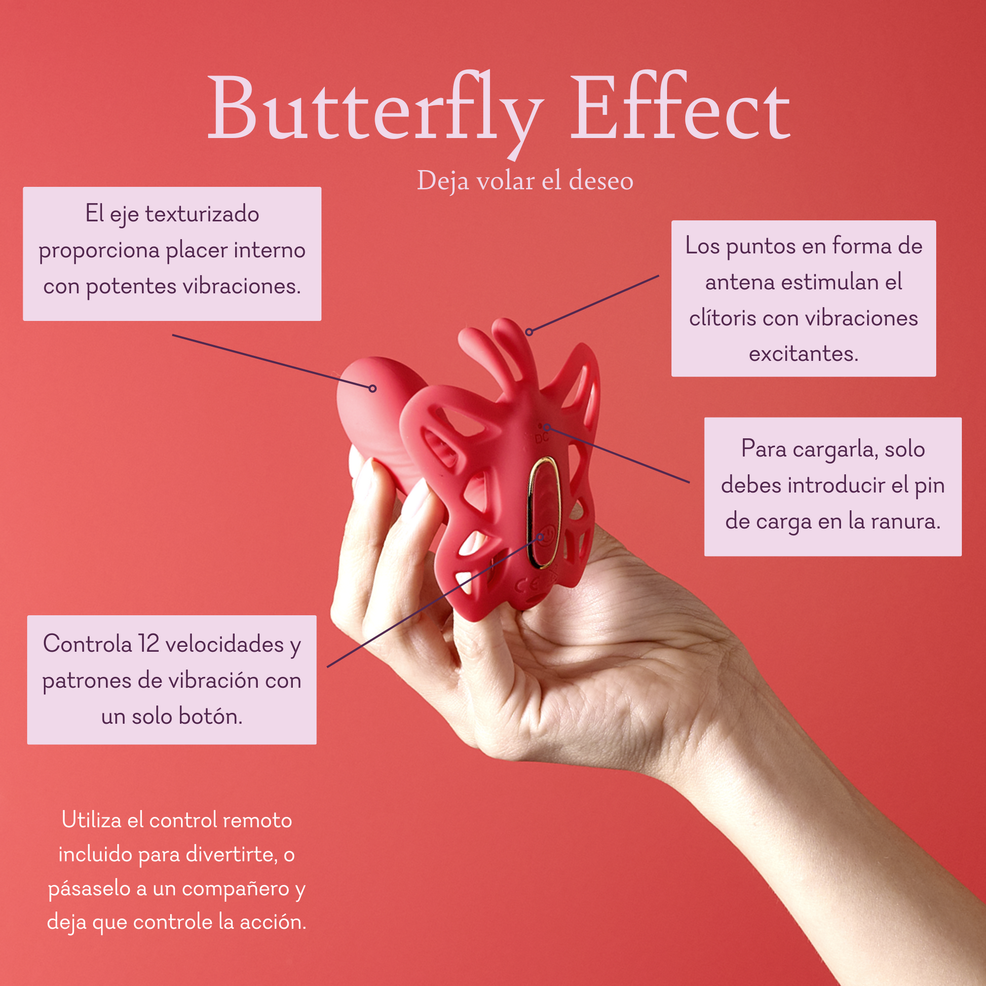 Hand holding red butterfly-shaped personal massager with vibration features on pink background