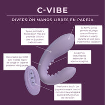 Purple C-shaped couples vibrator with remote control, labeled features, on purple background.