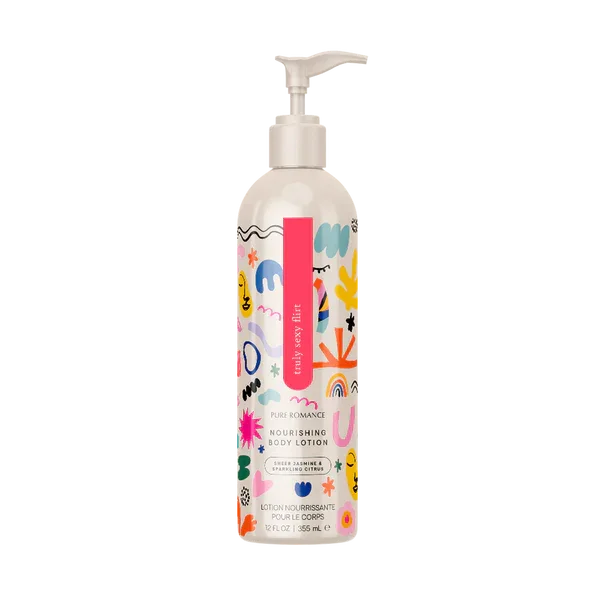 Nourishing body lotion bottle with colorful abstract design and pump dispenser