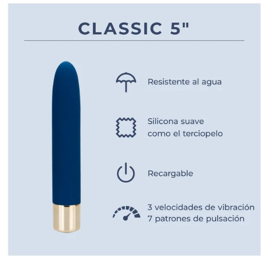 Blue rechargeable silicone vibrator, waterproof, with vibration speeds and patterns, on light background.