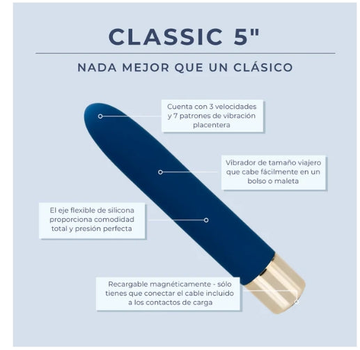 Blue silicone personal massager with gold base, 5-inch size, travel-friendly, rechargeable, multi-speed.