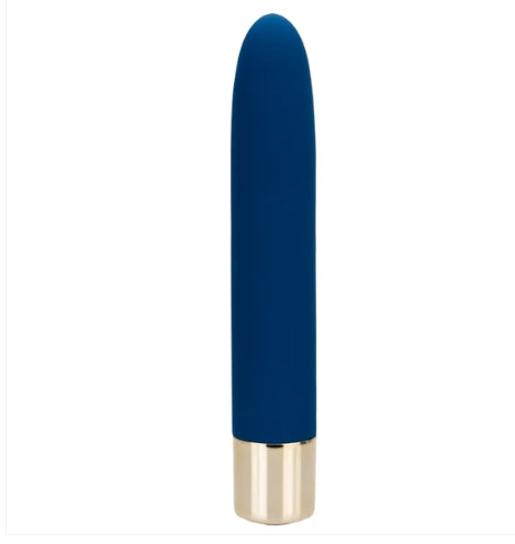 Blue silicone personal massager with gold accent base, isolated on white background