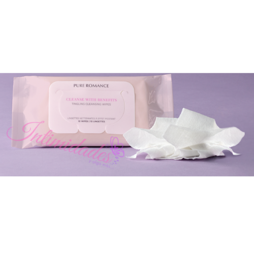 Pink package of cleansing wipes labeled 'Cleanse with Benefits' with opened wipes on lavender surface