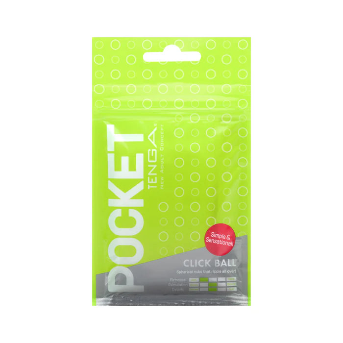 TENGA Pocket Click Ball bright green packaging with white text, adult wellness product